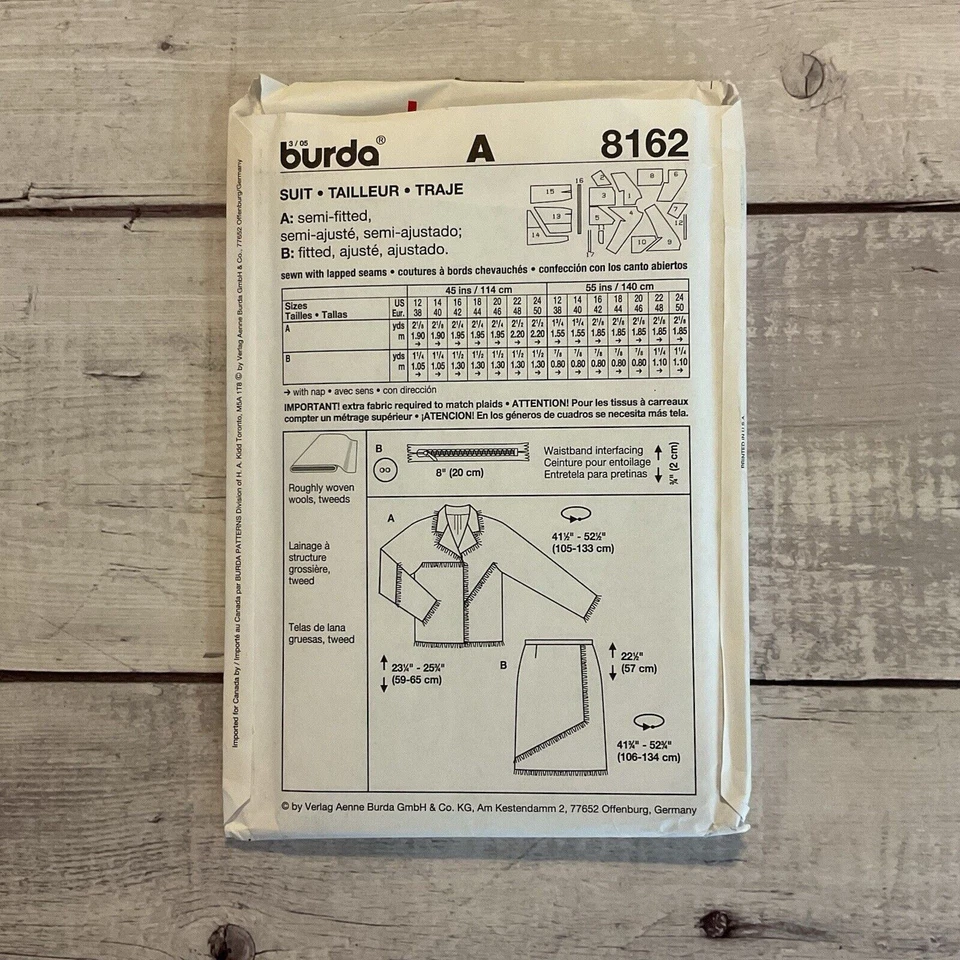 Burda 8162 Sewing Pattern Jacket Skirt Suit Asymmetrical Details Sz 12-24 UNCUT - Image 2 of 3