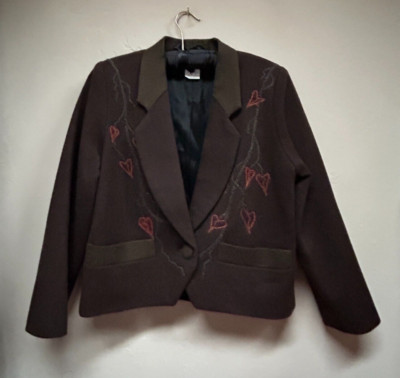 Vintage Mary Flanagan Womens Wool Embroidered One-Button Blazer XS Brown Lined