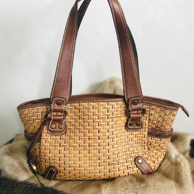 FOSSIL Neutral Brown Multicolor Woven Basket Weave Shoulder Bag Purse