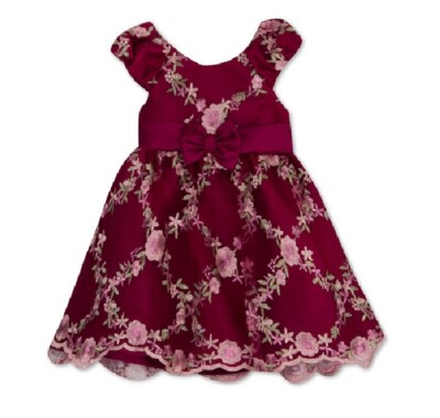 Rare Editions Baby Girls 12M Burgundy Embroidered Floral Mesh