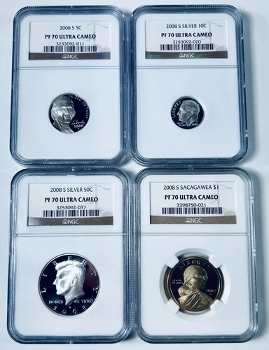 2008-S 5c 10c Kennedy Half Dollar Silver Sacagawea PF70 UCAM NGC