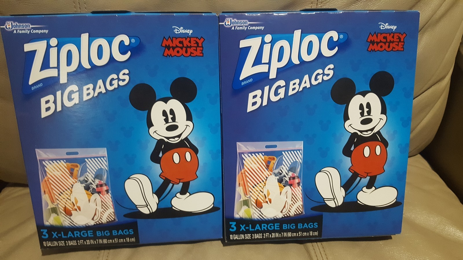 2x Mickey Mouse Ziploc Big Bags Disney 3 XL Storage Bags 10 Gallon Size
