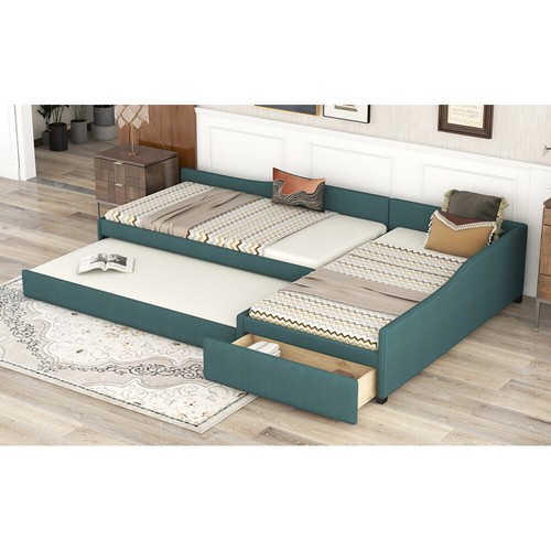 Upholstered Double Twin Size Daybed with Trundle and Drawer, Beige - Picture 40 of 60