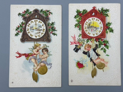 c 1915 Happy Baby NEW YEAR Clock CHERUB Pendulum Postcard Antique