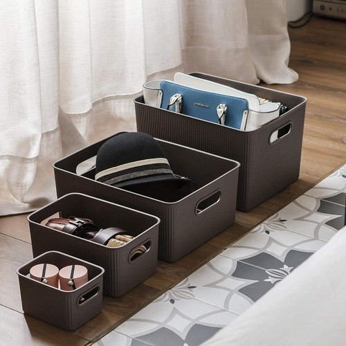 Decorative Storage Bins with Lids, Plastic Brown Ribbed Baskets 22 Liter (2 Pack - Picture 7 of 9