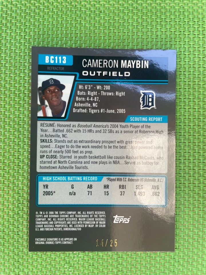 2006 BOWMAN CHROME DRAFT ORANGE REFRACTOR CAMERON MAYBIN ROOKIE 14 OF 25 - Image 3 of 4