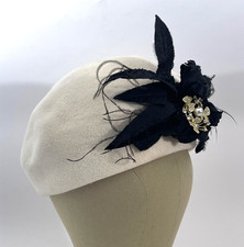 Handmade Velour Felt Beret Womens Hat Ivory with Silk and Velvet Flower