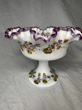 Rare Louise Piper 1983 Large Fenton Ruffled Edge Pedestal Bowl w/Purple Flowers