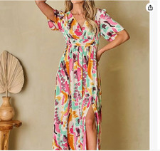 Summer Dress Boho Floral Sleeveless Flowy Smocked Long Beach Maxi uk14 L3247
