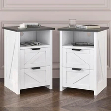 Farmhouse Night Stand Set of 2, Bed Side Table with 2 Drawers and Storage Shelf,