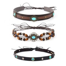 3PCS Western Hat Bands Turquoise Beaded Leather Adjustable Hat Straps