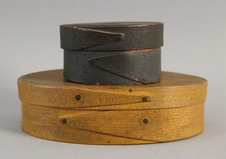 2 Antique 19thC New England Miniature Pantry Boxes Original Blue & Mustard Paint