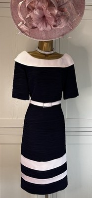 Condici UK 12 dunkelblau rosa gerippt tailliert Kleid Hochzeit Mutter Rennen Party Event 