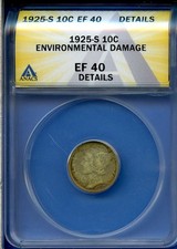 1925 S ANACS EF40 Details Mercury Dime 10c US Silver Rare 1925-S XF40 EF-40 Det
