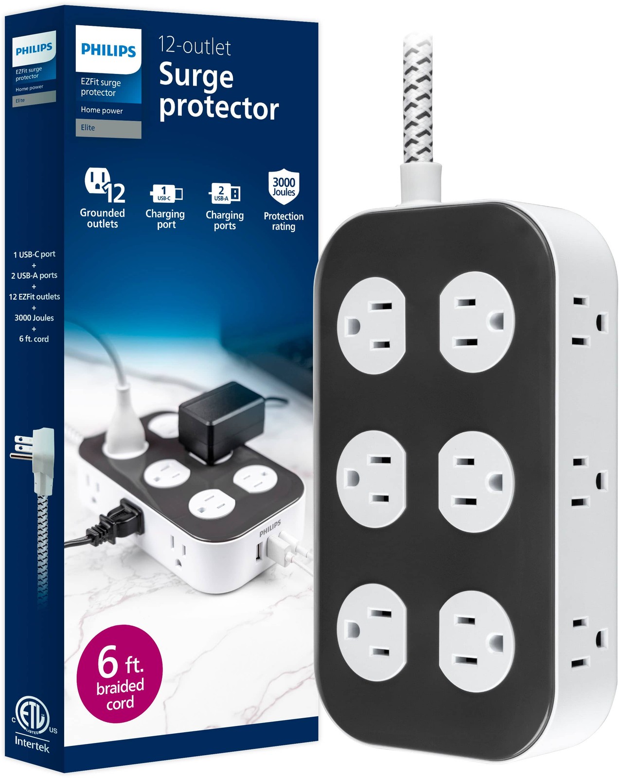 Philips - Сетевой фильтр 12 розеток 2 USB-A 1 USB-C 3000 Дж Плетеный шнур 11090₽