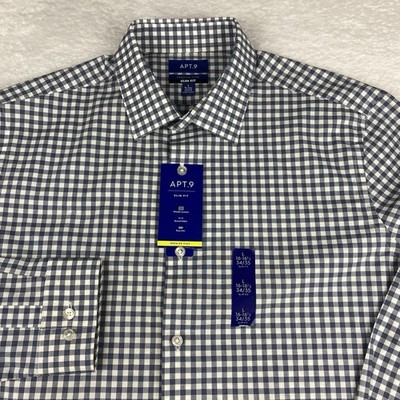 Apt. 9 Shirt Mens Large 16-16.5/ 34-35 Blue/White Checks Slim Fit Easy Care NWT!