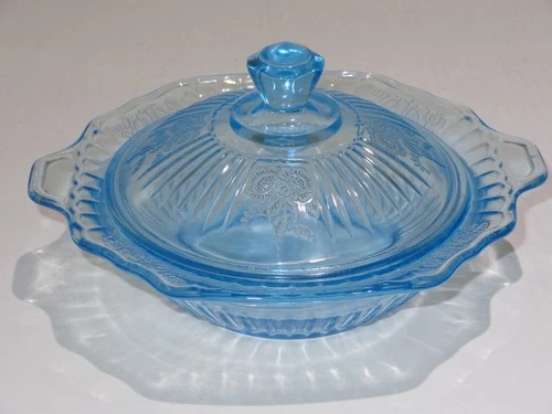 1930's Hocking Blue Depression Glass Mayfair Open Rose Covered Butter Dish