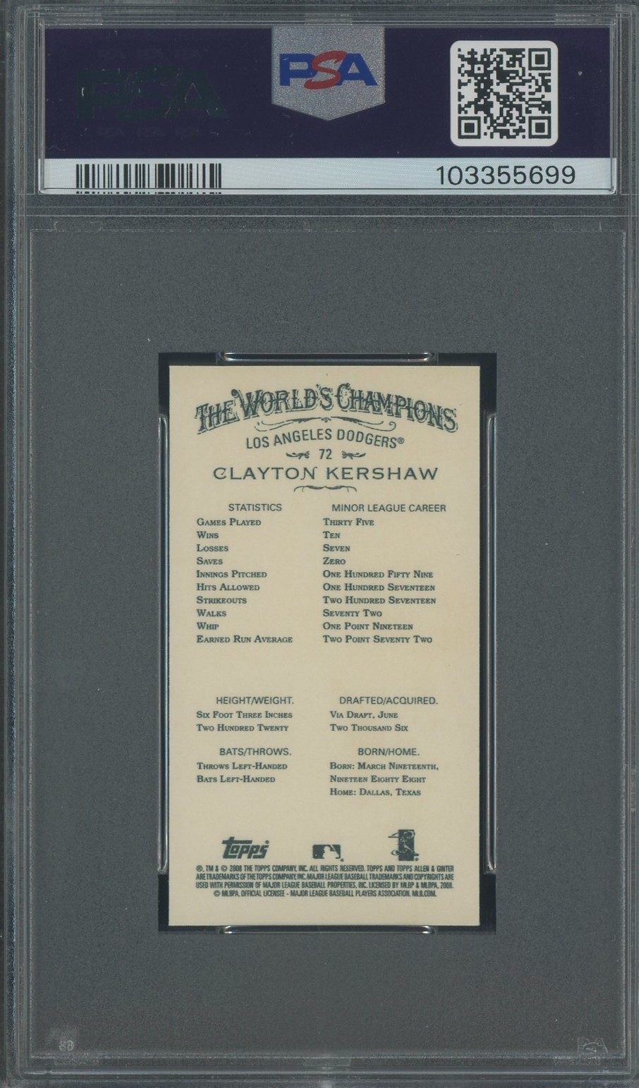 2008 Topps Allen & Ginter Mini #72 Clayton Kershaw Dodgers RC Rookie PSA 9 MINT view 2