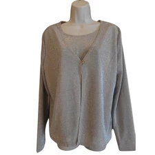 Classic Women Silver Metallic Blouse W Faux Cardigan Large AB Studios Free Ship