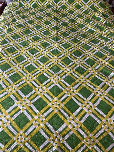 Vintage 70s Sears Groovy Green White Yellow Stripe Bedspread Retro 102x92 - Picture 3 of 8