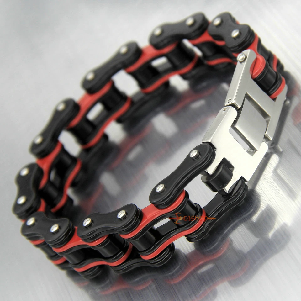 Brazalete de cadena de bicicleta de acero inoxidable pesado para hombre motocicleta motociclista 18 mm negro/rojo Foto 3 de 4