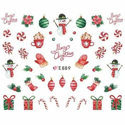 Christmas Nail Art Stickers Decals Candy Cane Frosty Snowman Baubles Coco (E889)