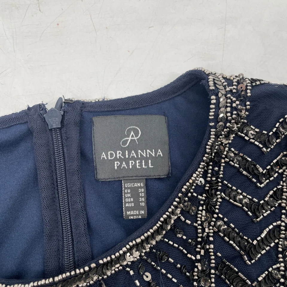 Adrianna Papell women's 6/S Beaded Long Sleeve Mesh Sheath Dress Navy sheer $329 - Image 4 of 4