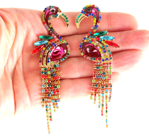 3 3/4" BETSEY JOHNSON MULTICOLOR PINK FLAMINGO BIRD RHINESTONE DANGLE EARRINGS - Picture 4 of 18