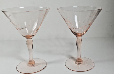 2 Two Pink Depression Glass Stemmed Wine Serbert Footed Etched 