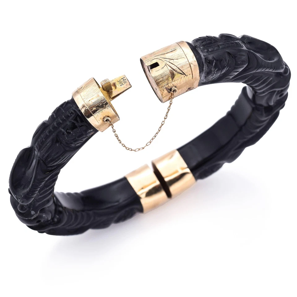 复古 14K 黄金黑色玛瑙铰边 Pixiu 雕刻手镯手链 — 第 4/4 张图片
