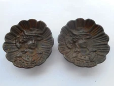 Pair / 2 Vintage Cast Iron Small Unique English Woman Lady Head Ashtrays 