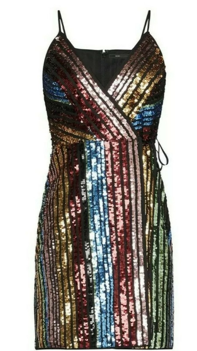 NWT BCBG Maxazria Sequin Cocktail Wrap Dress Black Combo