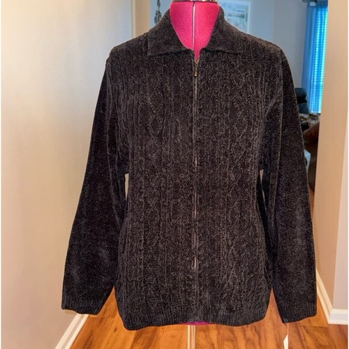 Alfred Dunner NWT Chenille Cable knit black long sleeve zip sweater