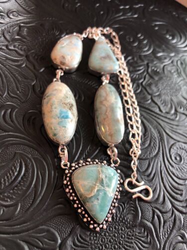 Artisan Southwest Rustic Raw Natural Larimar Arrow Pendant Necklace 17.5" - Picture 4 of 5