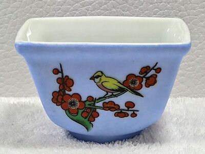 Chinese Ceramic Small Blue Cup/Bowl Yellow Bird Red Flowering Branch Vintage 