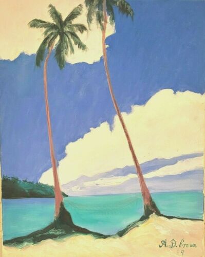 Tropikalny ocean Scena plażowa PALMY Oryginalny impresjonista OBRAZ OLEJNY podpisany - Zdjęcie 1 z 2