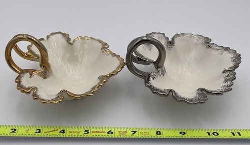 2 Porcelain Leaf Vanity Trinket Dish 1960’s 1 Gold + 1 Silver Gilding Vintage - Picture 8 of 11