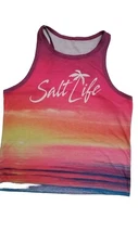 Women Sz Large Racer Back Tank Top Multi Color Salt Life Tropical Beach Scene