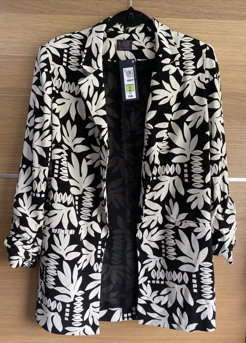 M S size 12 Black and White Floral Leaf Summer Jacket Blazer bnwt