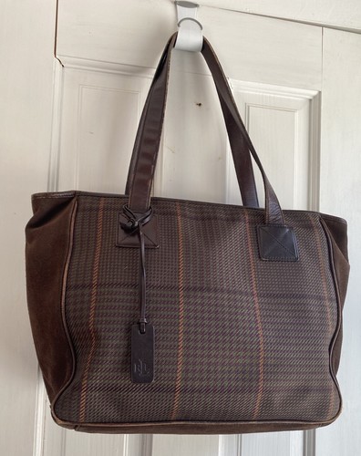 VTG Lauren Ralph Lauren Tote Bag Brown Green Purple Plaid~ Leather Suede FLAW - Picture 2 of 24