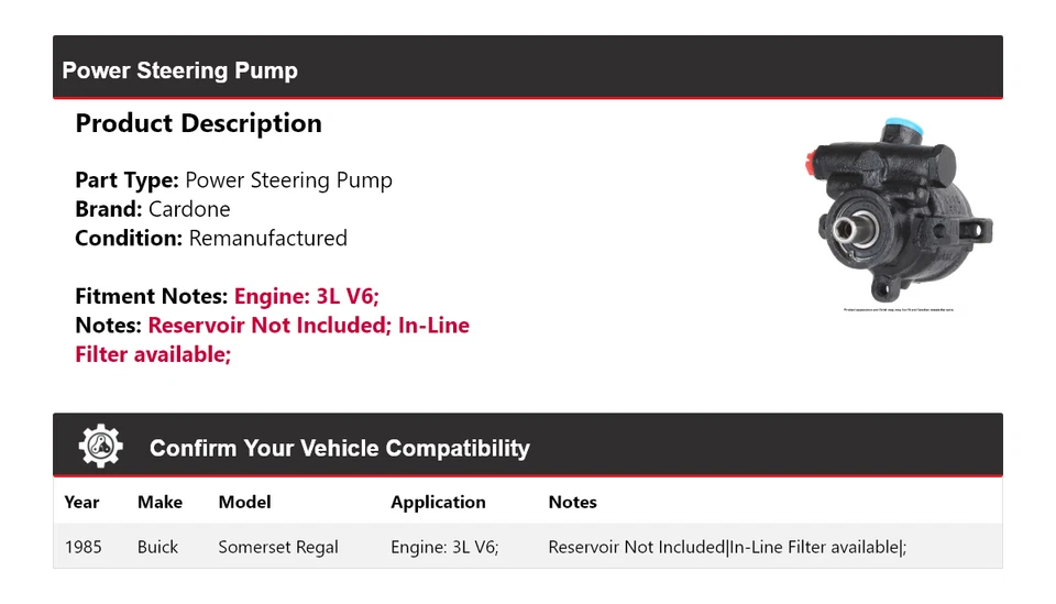 Насос гидроусилителя руля Cardone для 1985 Buick Somerset Regal 3 л V6 - Изображение 2 из 4