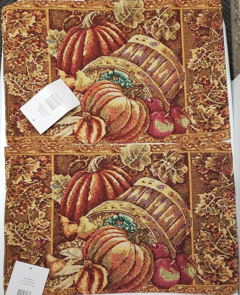 Set of 2 Tapestry Placemats,13"x19"FALL HARVEST,BUSHEL BASKET,PUMPKINS,APPLES,VL - Image 2 of 4