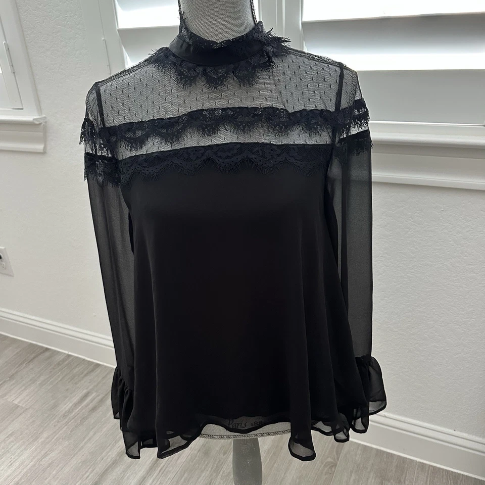 Endless Rose sheer mesh Yoke embroidered top NWT Small Lace Trim Romantic Black
