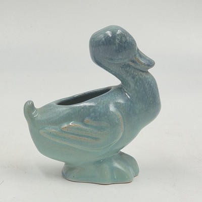 RARE Frankoma DUCK Mini Planter Peacock BLUE Glaze 1940's Pottery Figurine NICE!