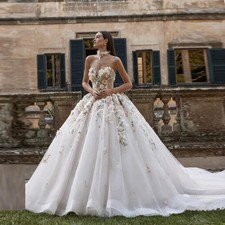 Romantic 3D Pink Flower Wedding Dress Luxury Strapless A-line Tulle Bride Gown