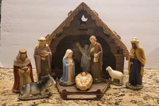 Vintage 1950s Mid Century Nativity Set Cardboard Manger Stable Figures Backdrop