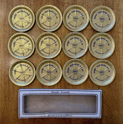 #ad VINTAGE Great Northern Oil Company Shell Fuel Oil Metal Coasters Set Of 12 $57.99