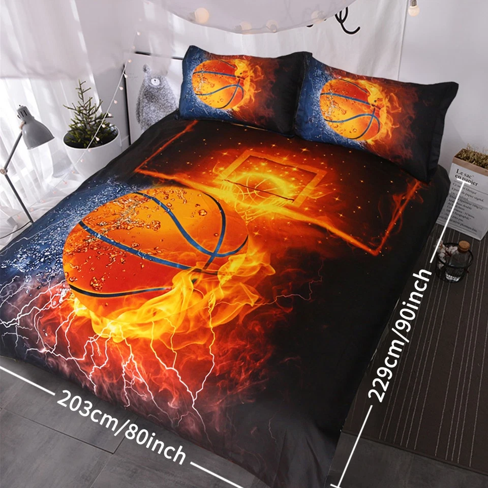 3件装运动被套套装3D射击篮球红色火焰和蓝色水满 — 第 2/4 张图片