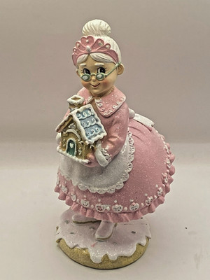 NEW 8'' MRS SANTA CLAUS SUGARED PINK BAKER WITH GINGERBREAD HOUSE FREE SHIP