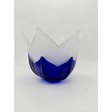 PartyLite Cobalt Blue & Frosted White Glass Tulip Candle Holder / Vase 
